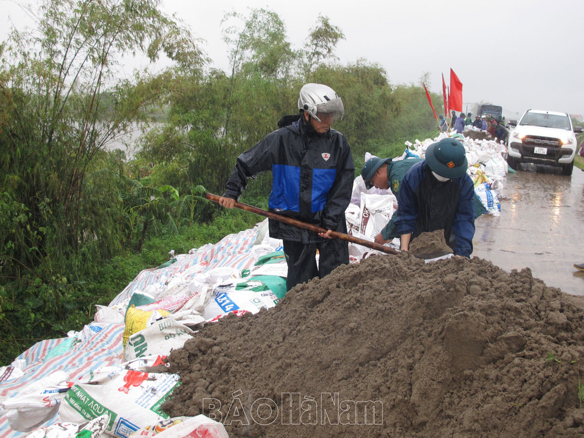 Các lực lượng chức năng nỗ lực khắc phục, gia cố tại điểm sạt trượt trên tuyến đê hữu Hồng thuộc xã Tiến Thắng.