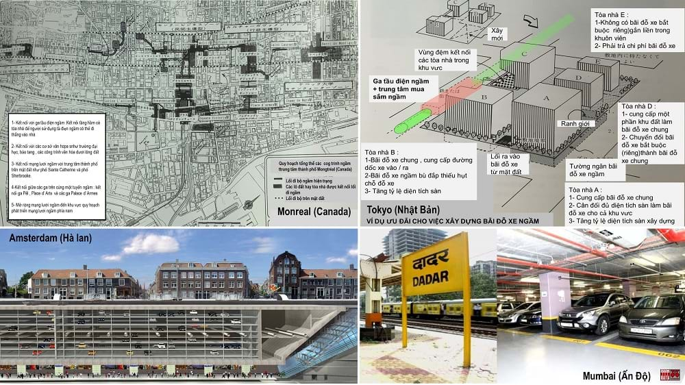 Trung tâm Moreal (Canada) các đường ngầm nối các ga ngầm, các trung tâm thương mại - văn hóa ngầm. Giải pháp cân đối nguồn vốn đầu tư ĐSĐT ngầm với nhu cầu đỗ xe tại Tokyo (Nhật Bản). Các bãi đỗ xe ngầm tại các thành phố châu Âu và châu Á.