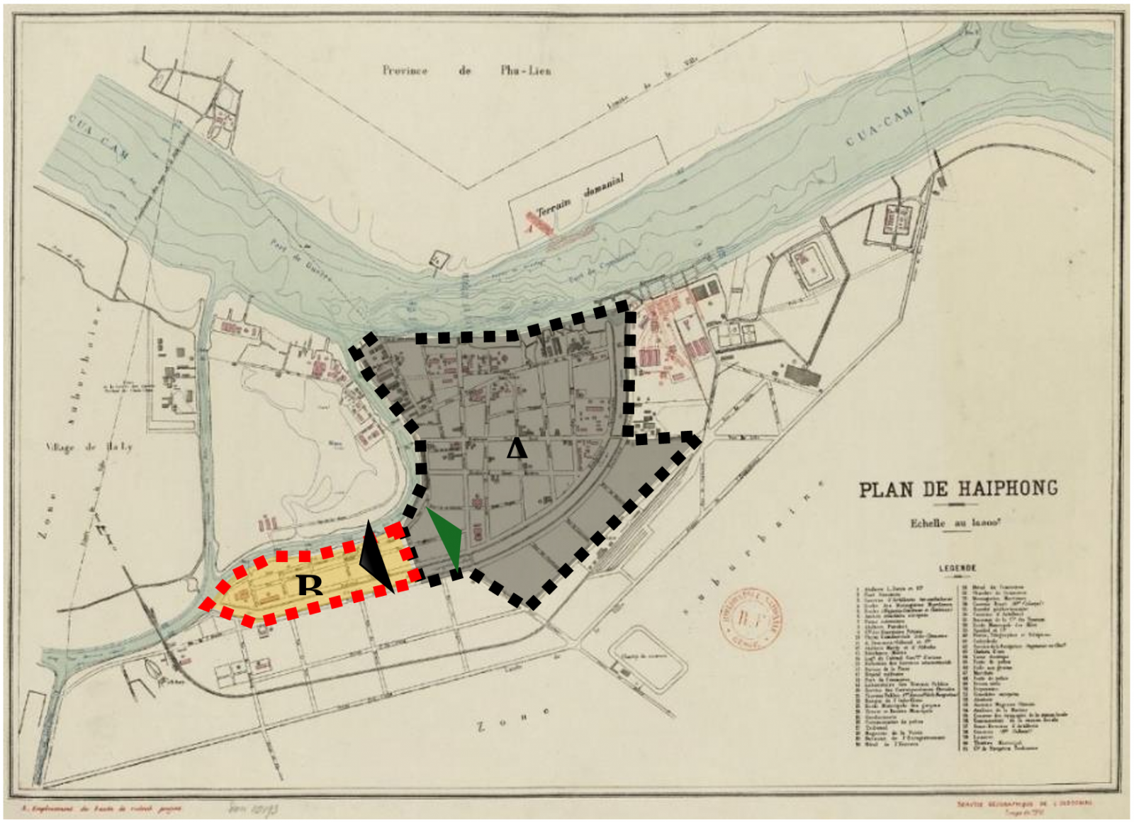 Bản đồ Hải Phòng năm  1910 với khu phố của người Pháp  (A) và khu phố bản xứ của người  Việt, người Hoa (B) 