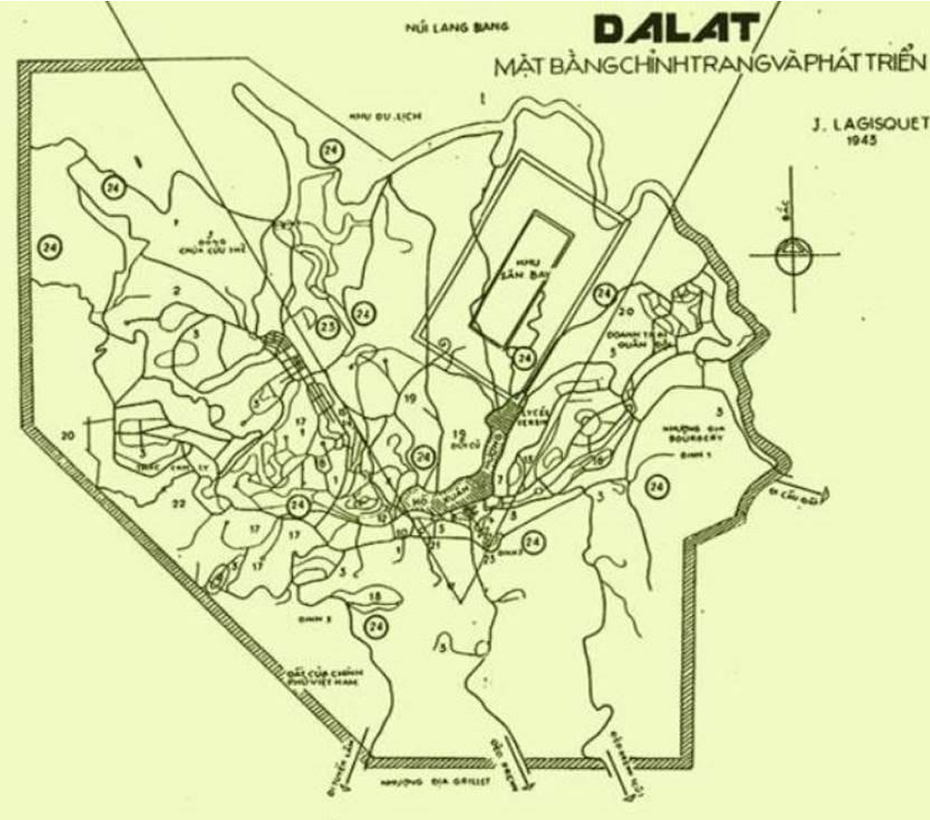 Quy hoạch chỉnh trang và phát  triển Đà Lạt, với sự nhấn mạnh những  trung tâm bản địa mới của KTS  Lagisquet năm 1943. 