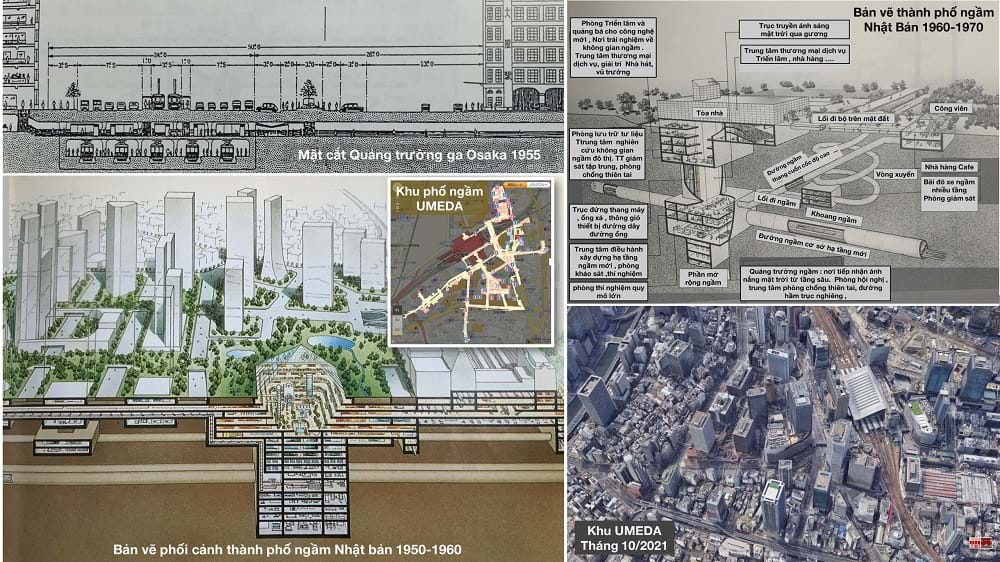Bản vẽ thiết kế và những phác thảo về khu phố ngầm vẽ vào năm 1933-1970. Năm 2021: khu phố ngầm nằm dưới các tòa nhà cao tầng trước cửa ga Umeda. Công trường xây dựng mới mở rộng phía sau nhà ga.