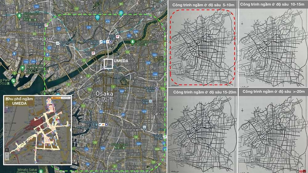 Khu phố ngầm Umeda trong thành phố Osaka. Bản đồ mạng lưới các công trình ngầm ở 4 độ sâu khác nhau: từ -5 đến sâu hơn -20m.