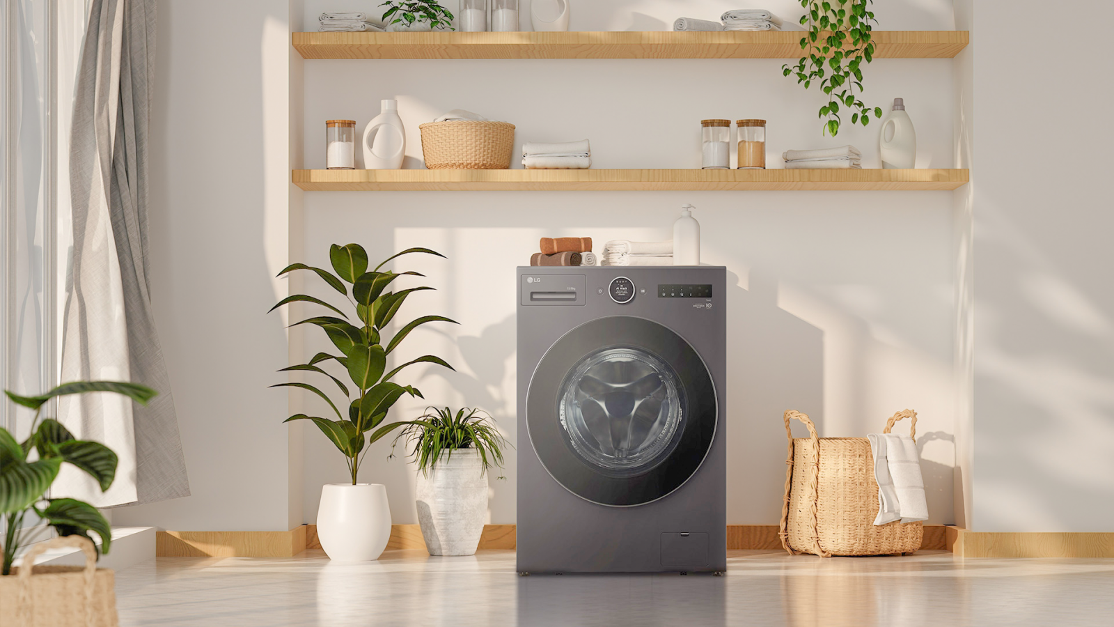 Máy giặt sấy lồng ngang LG AI DD™ 2.0 Inverter sở hữu thiết kế phẳng tối giản và hiện đại.