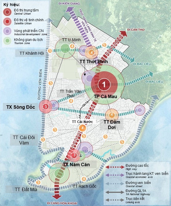 Quy hoạch tỉnh Cà Mau thời kỳ 2021 -2030, tầm nhìn đến năm 2050 – sơ đồ Định hướng phát triển không gian, Hệ thống đô thị